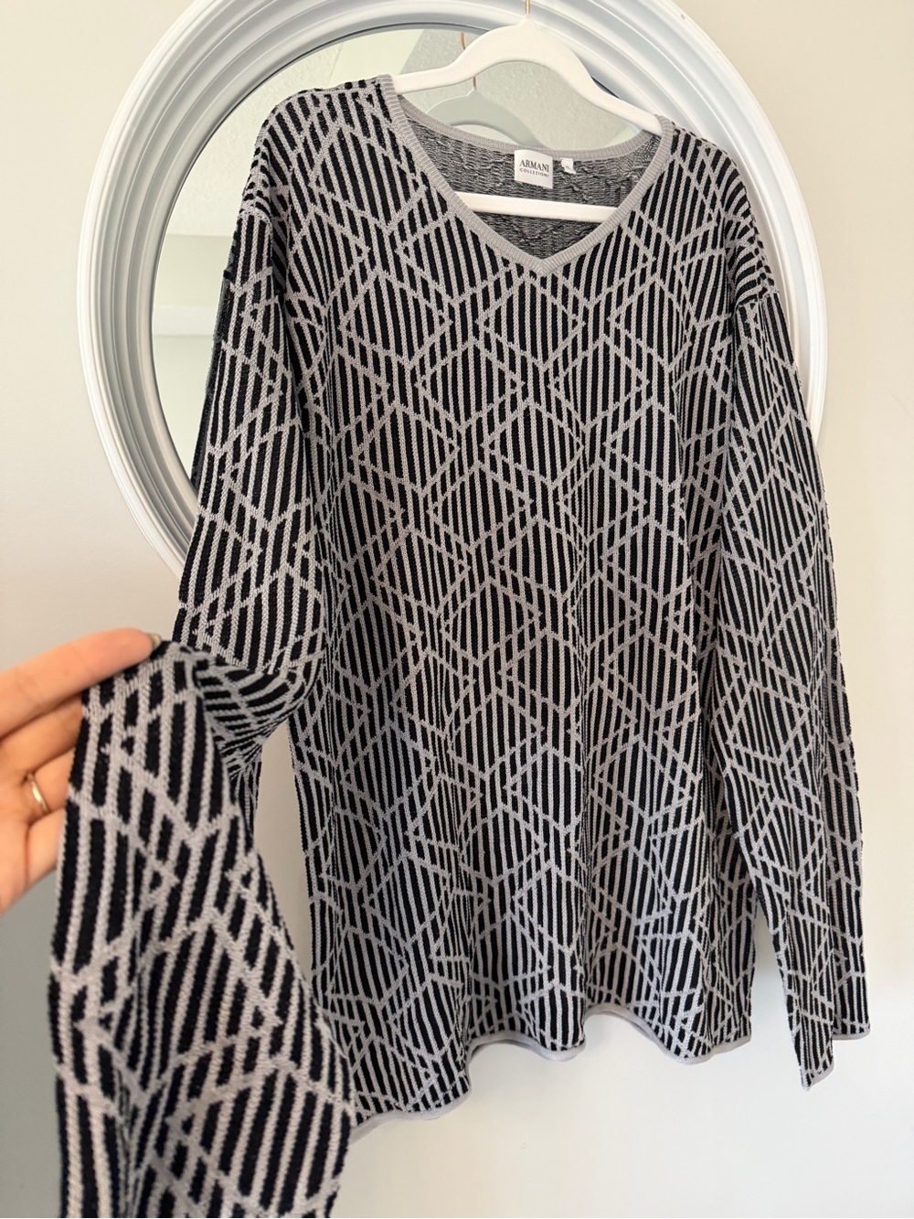 Armani Collezioni Black & Gray Geometric V-Neck Sweater